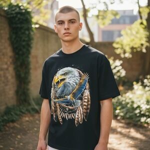 Mens XL Eagle Dreamcatcher Graphic Print Short Sleeve Black T-Shirt